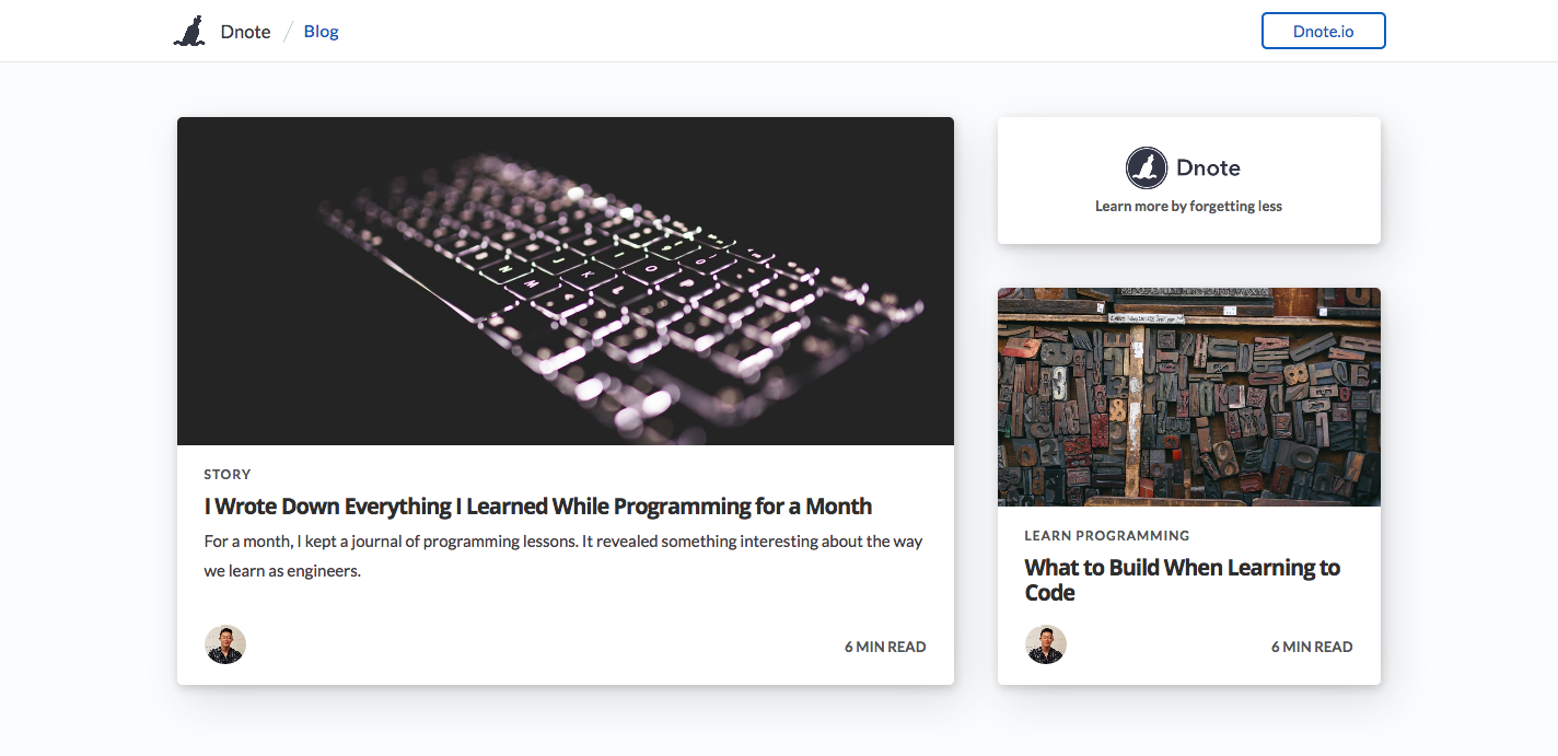 The main page of Dnote blog
