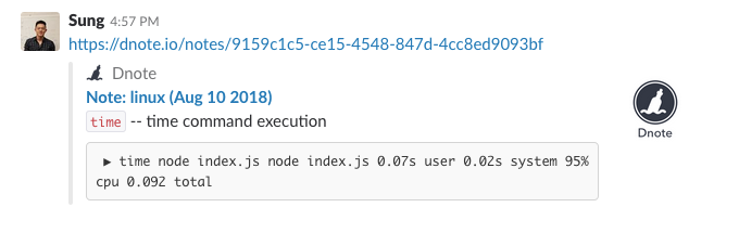 Dnote shared on a Slack channel