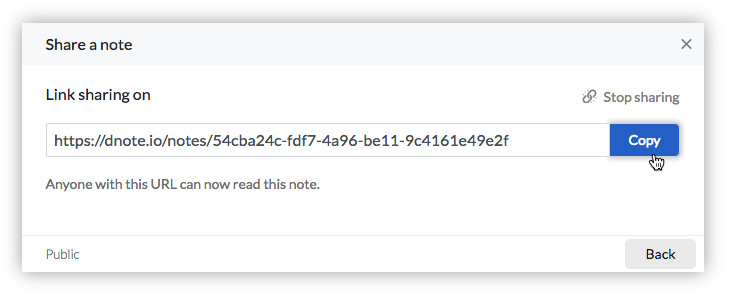 Sharing a note with a single click with the Dnote web client