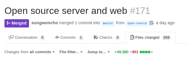 A big pull request that open sourced Dnote, showing 50,000 lines added